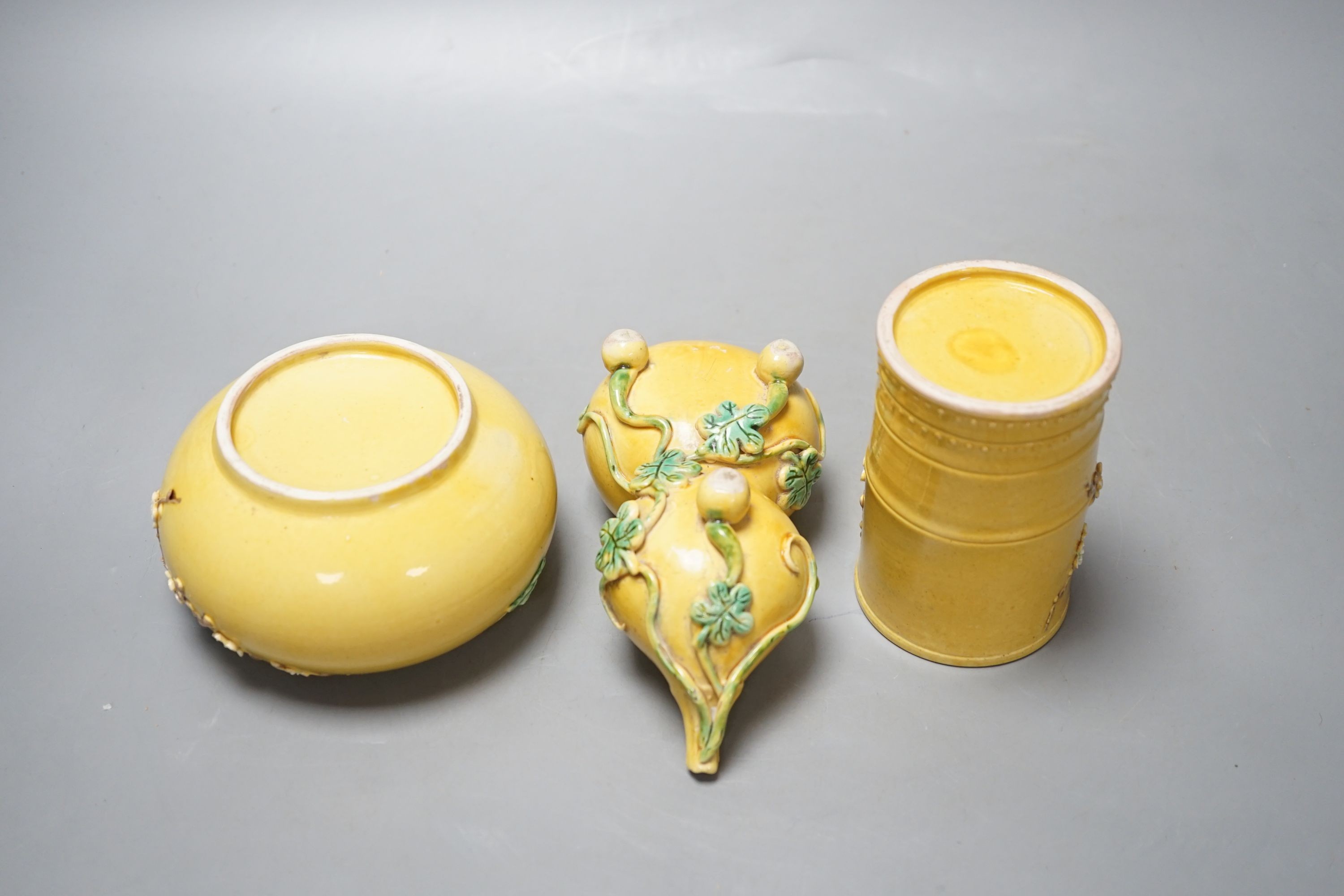 A Chinese yellow coloured biscuit porcelain three piece scholar's set, Republic period, brushpot 10 cm high